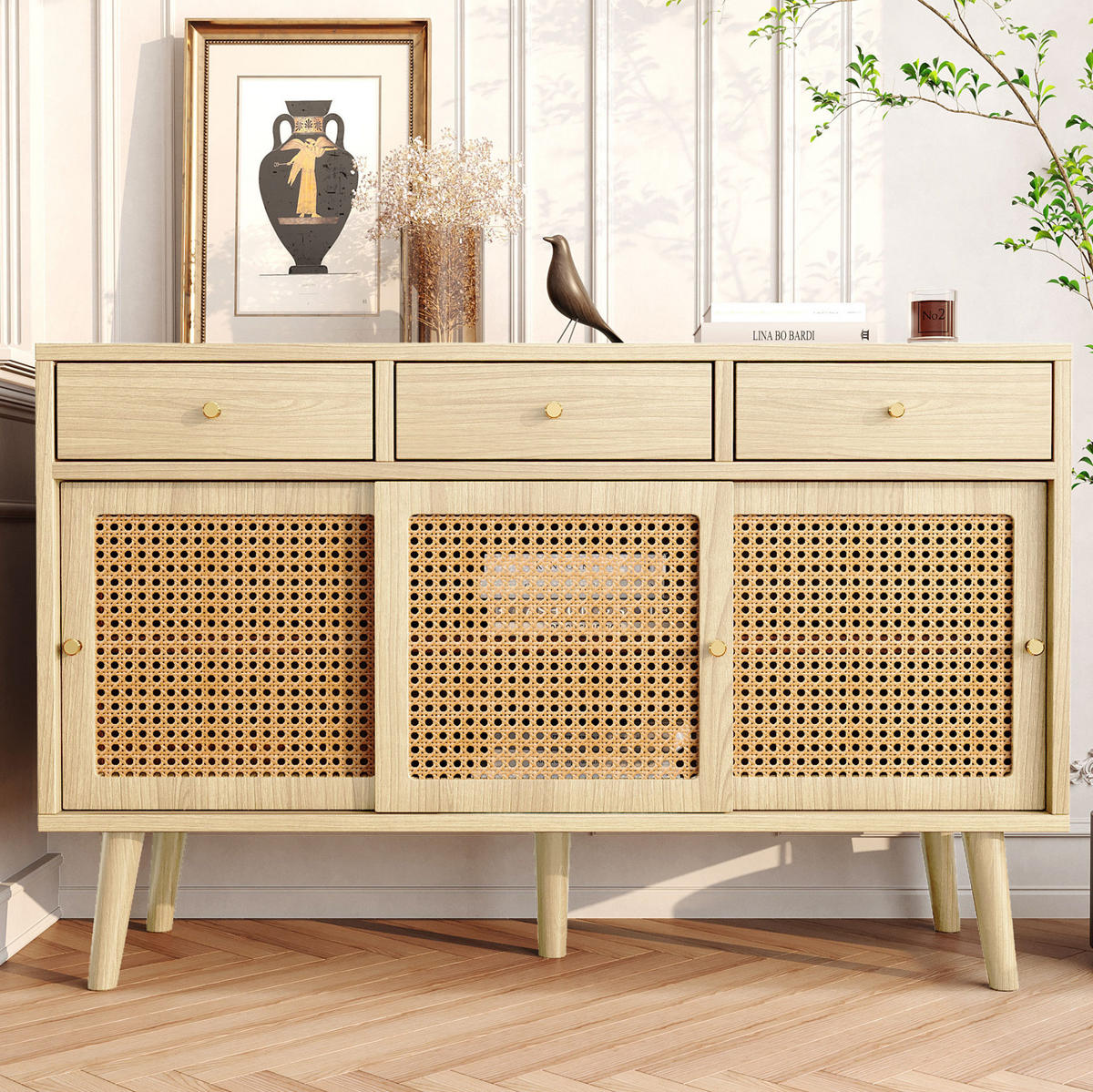 SIDEBOARD 120/40/78 cm mit 3 Schubladen, 3 Schiebetüren & Rattanfronten - Eichefarben, Holzwerkstoff (120/78/40cm) - BEAOK