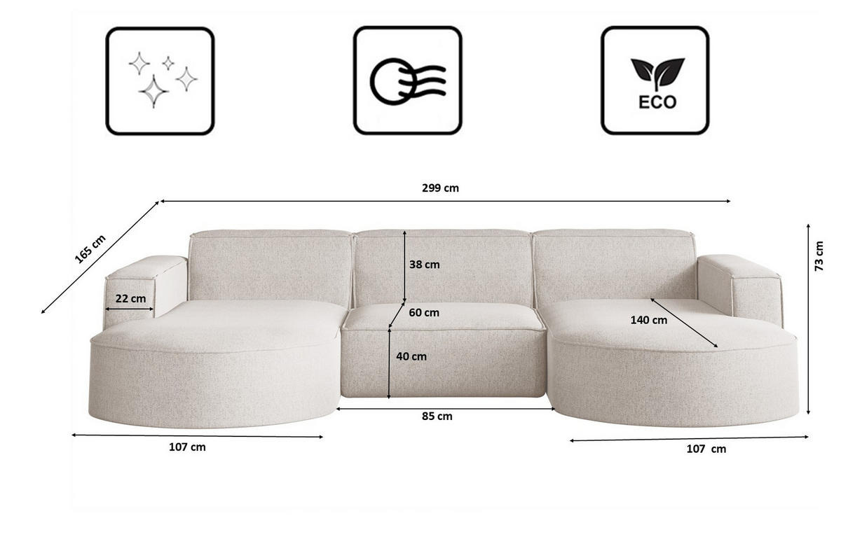 ECKSOFA U-Form MODENA STUDIO Stoff Verita Ecru - Ecru, Holz (165/299cm) - Kaiser Möbel