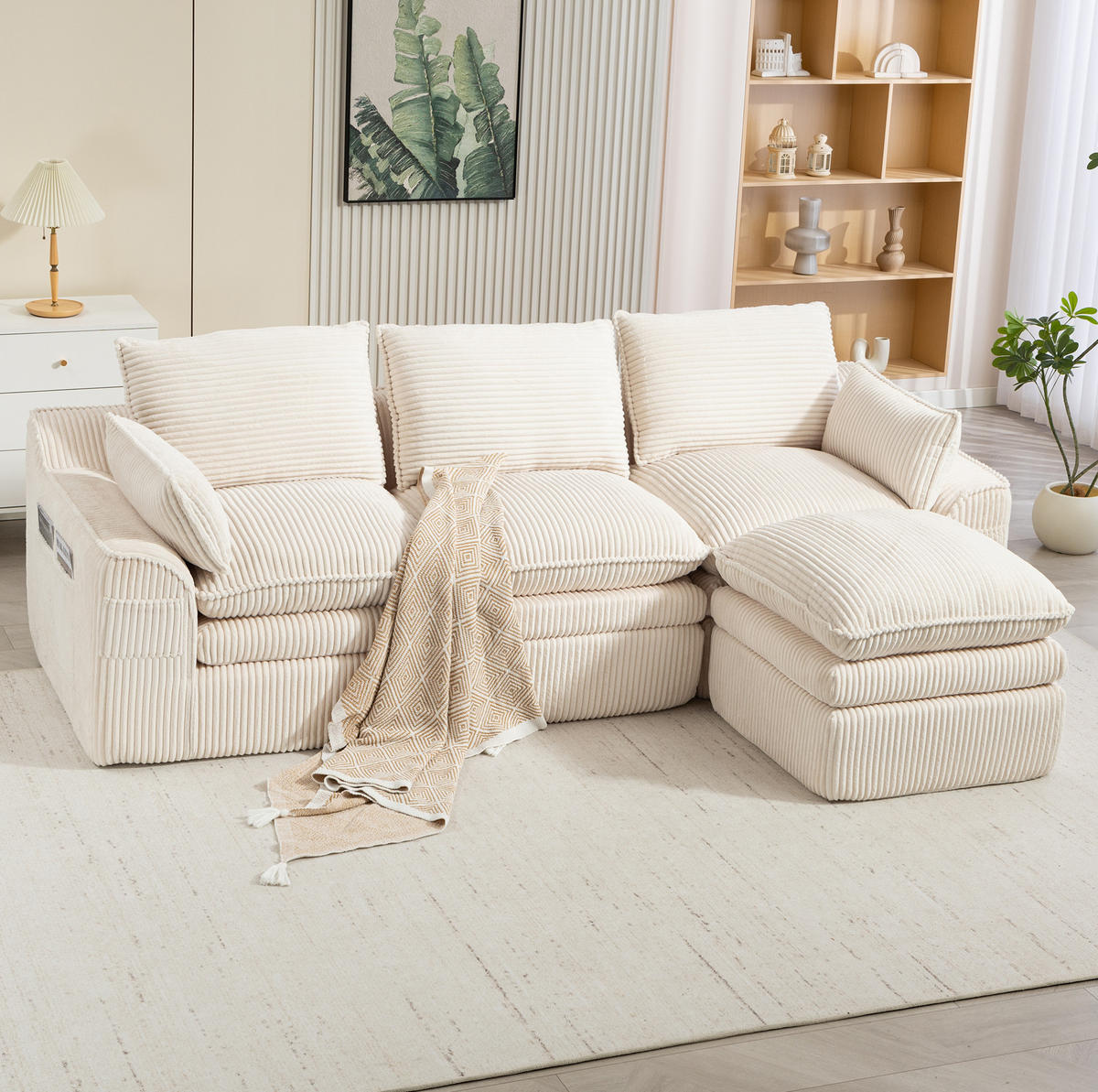 3-STIZER Sofa 263/167/85 cm mit Hocker, Seitentaschen und Federkern, Cord Beige - Beige, Textil (263/85/167cm) - Redom