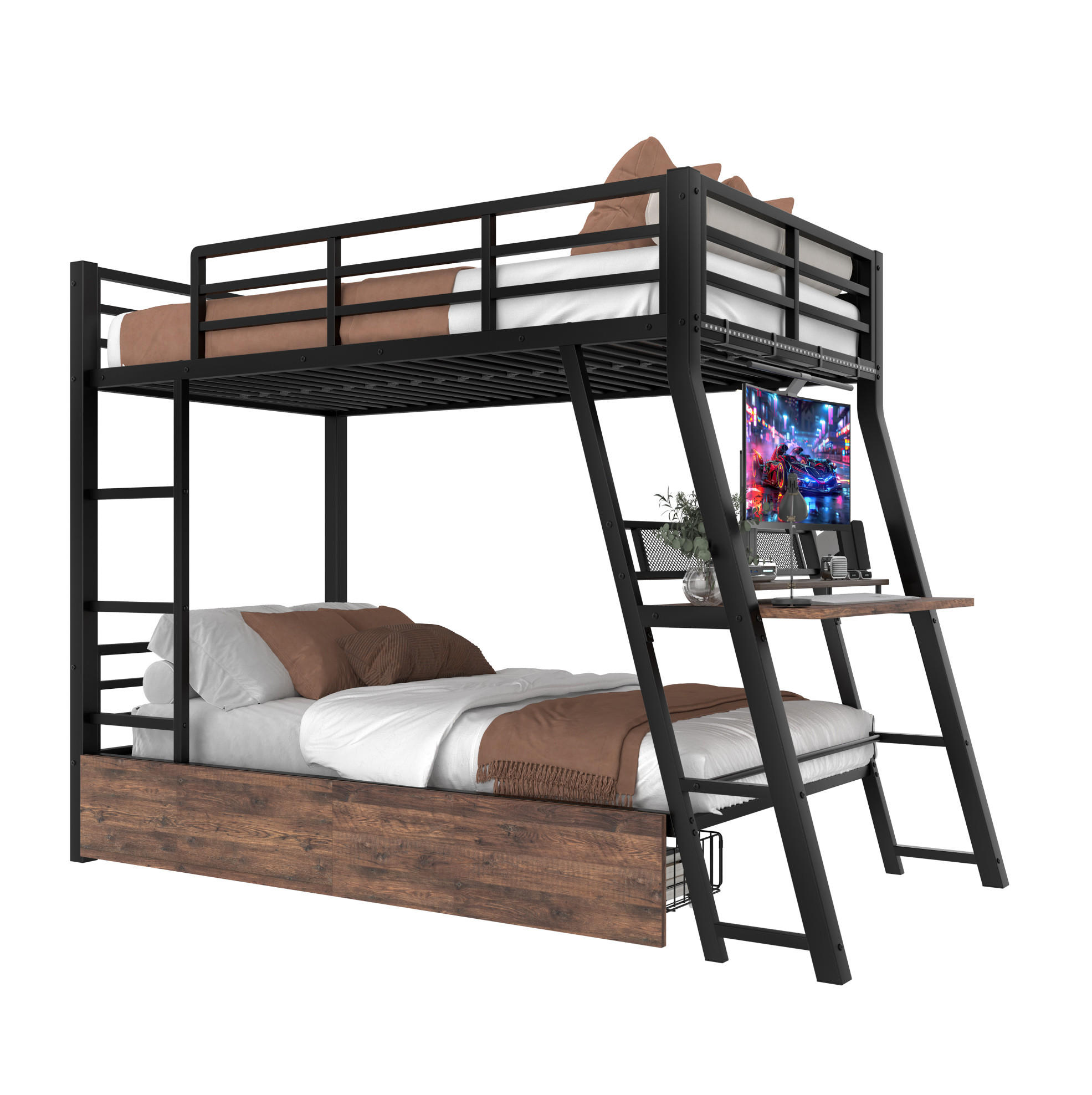 HOCHBETT mit Schreibtisch 90/200 cm in Schwarz mit LED-Leiste und 2 Schubladen - Schwarz, Metall (90/200cm) - BEAOK