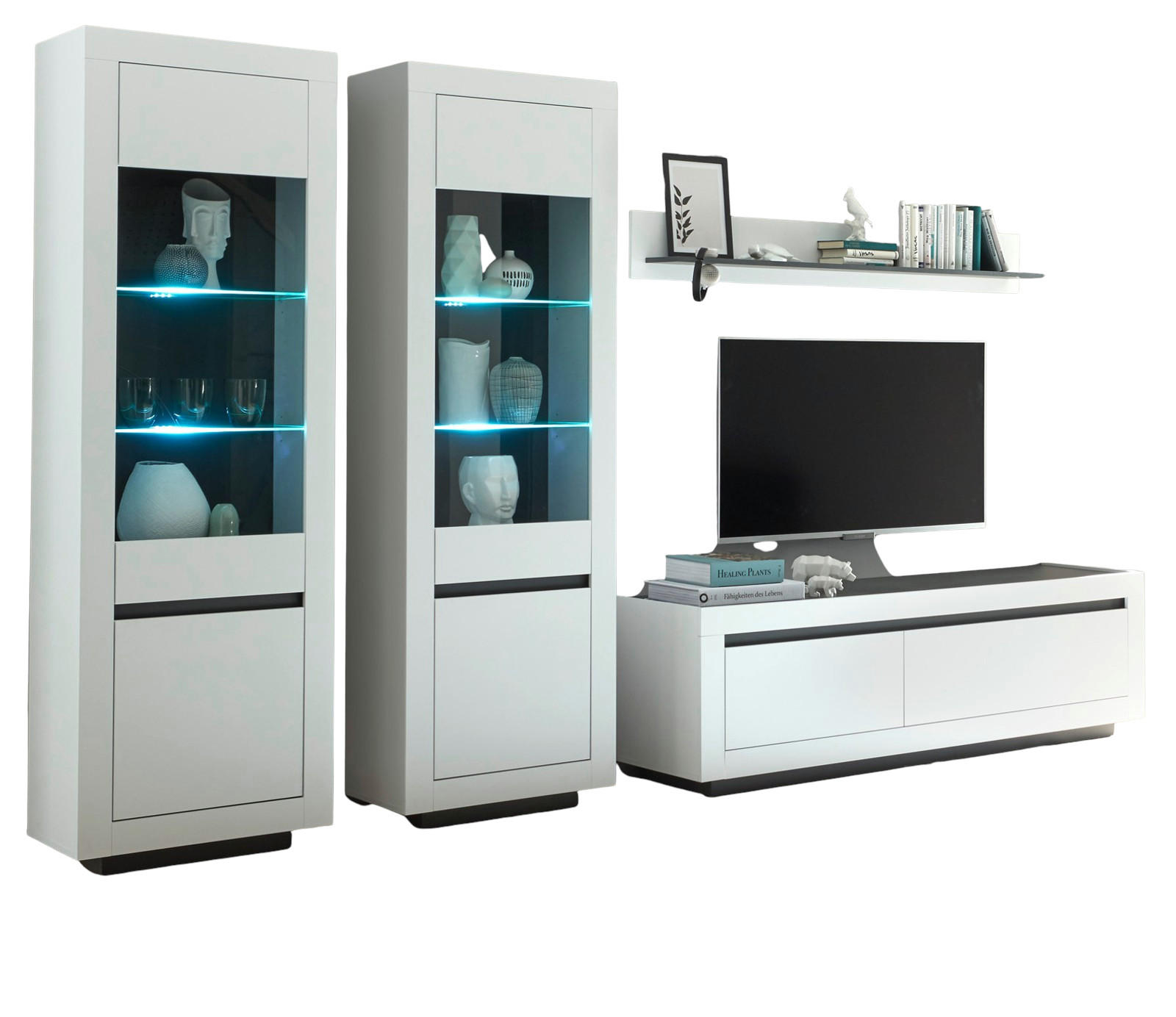 WOHNWAND weiß, anthrazit, Wohnkombination 4-teilig 328 x 206 cm - Anthrazit/Weiß, Glas/Holzwerkstoff (328/170/50cm) - Furn.Design