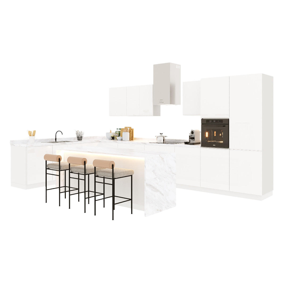 INSELKÜCHE-KÜCHENZEILE 420x220 cm Glanzia – KU-S17 – Weiß – Hochglanz - Weiß Hochglanz, Holzwerkstoff (420/212/220cm) - hi-markt