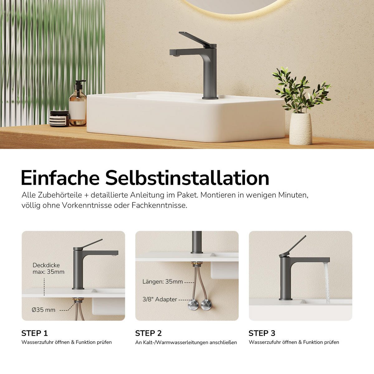 WASCHTISCHARMATUR mit Spulen-Zertifiziertem Filterelement Anthrazit Matt - Anthrazit, Metall (17.3/4.6/19.5cm) - EMKE