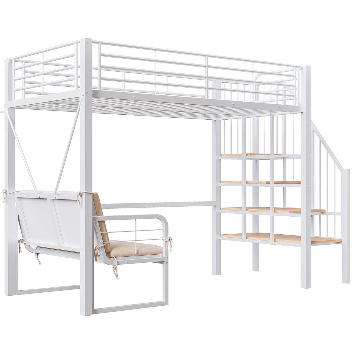 ETAGENBETT 90/200 cm, Weiß mit Stauraumleiter und Polstersofa - Weiß, Metall (90/200cm) - MIVRAY