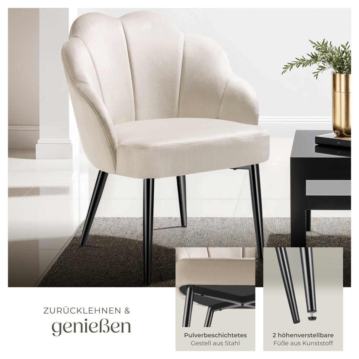 COCKTAILSESSEL 1er Set Hellen 66 x 62 x 80 5 cm creme/schwarz - Creme/Schwarz, Textil (66/80.5/62cm) - tectake