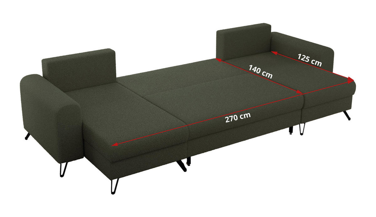 WOHNLANDSCHAFT AXEL U Boucle Grün - Schwarz/Grün, Textil/Metall (312/90/140cm) - MKS