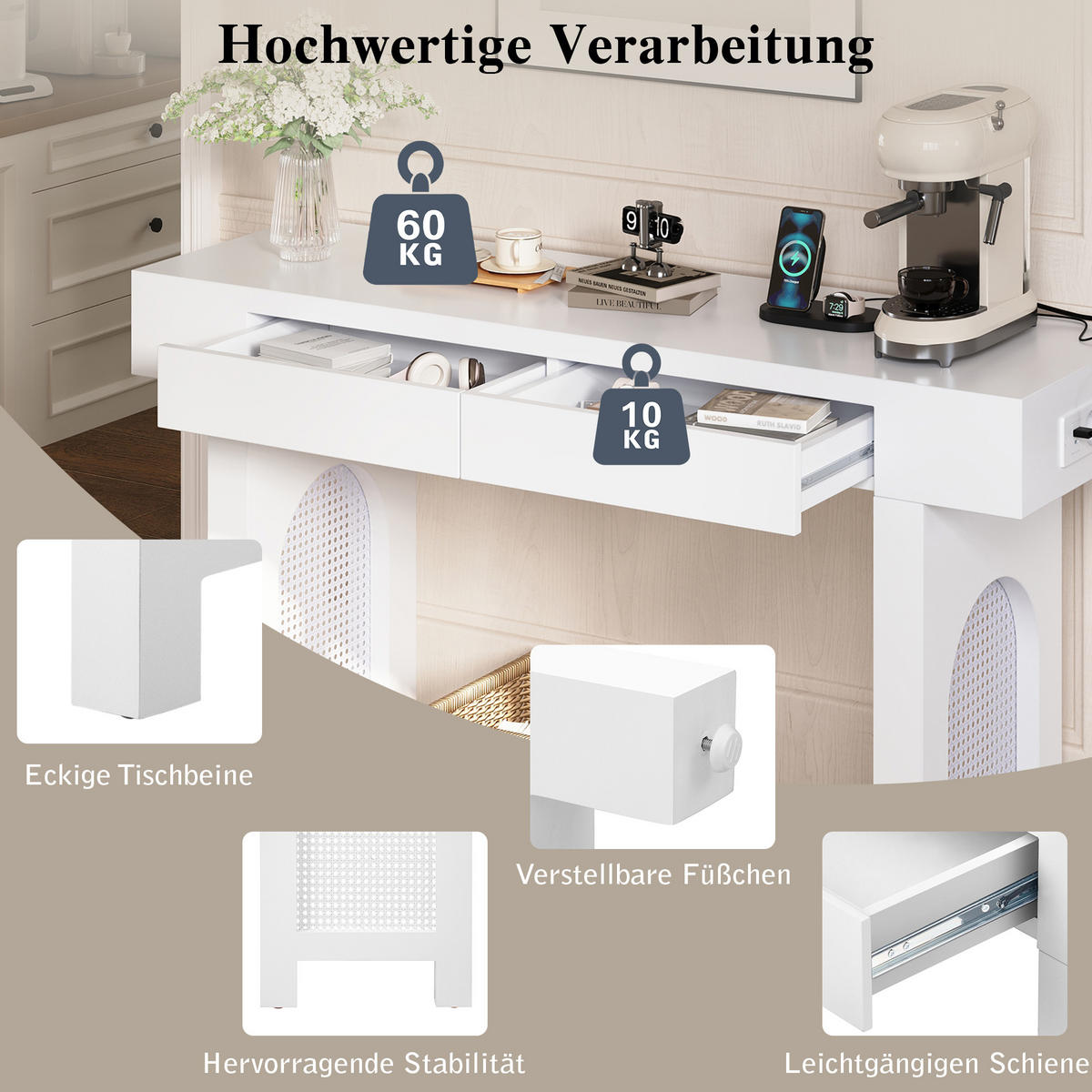 BEISTELLTISCH in Weiß Konsolentisch mit Schubladen und Steckdosen für Eingangsbereich und Diele, B120/T35.5/H76.5 cm - Weiß, Holzwerkstoff/Metall (35.5/120/76.5cm) - STILVORA