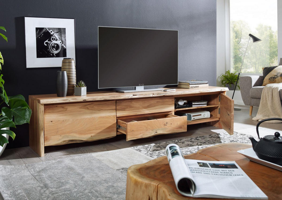 TV-BOARD Akazie 220x45x50 natur lackiert PURE ACACIA #704 - Naturfarben, Holz (220/50/45cm) - Massivmoebel24
