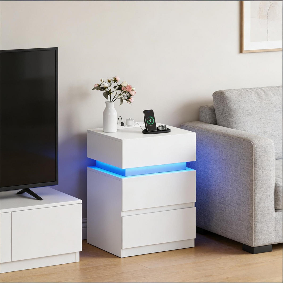 NACHTTISCH Weiß mit Steckdosen und USB-Anschlüssen - Nachtschrank mit LED-Beleuchtung mit 2 Schubladen - Weiß, Holzwerkstoff (40/55/35cm) - DELFA