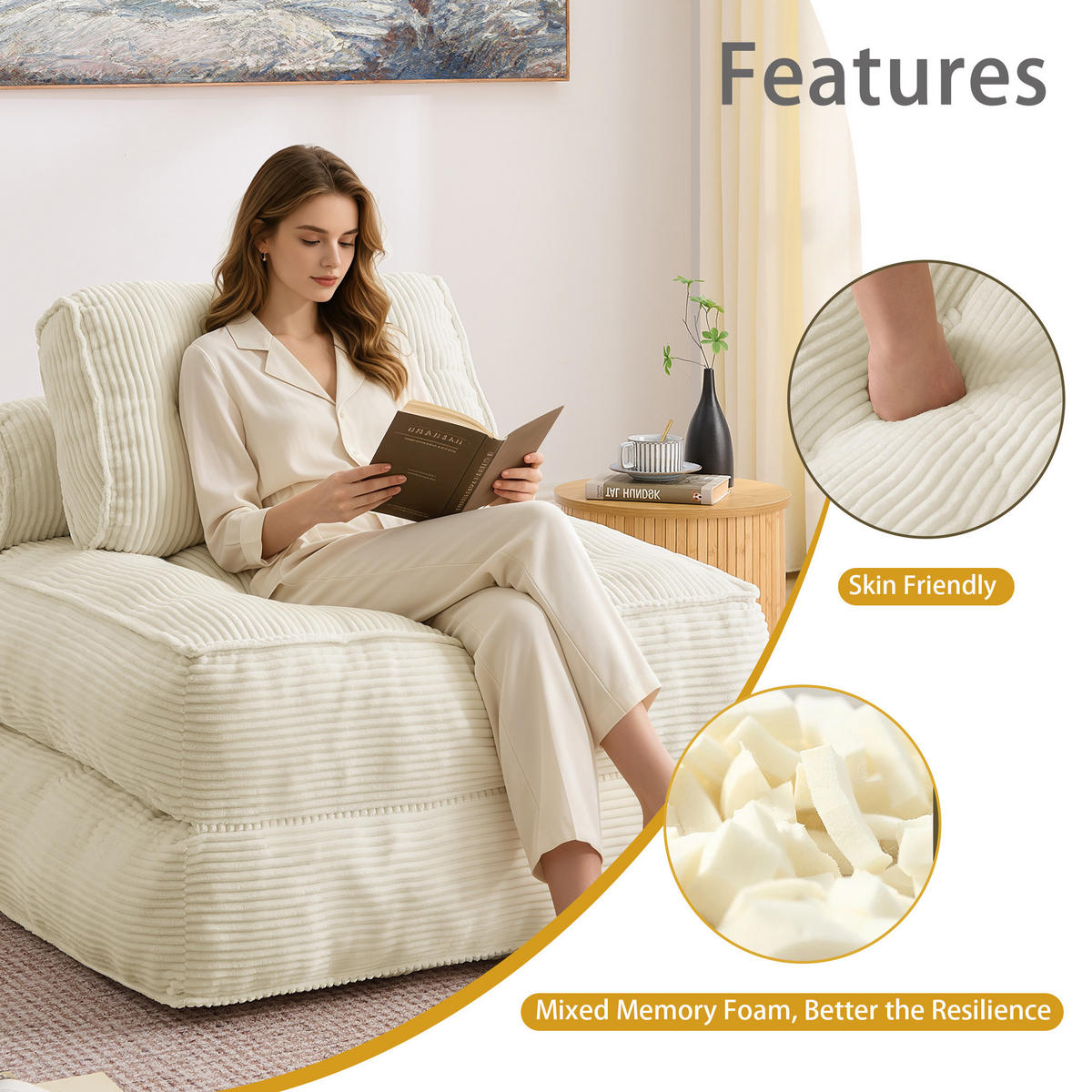 SCHLAFSESSEL 2-in-1 aus weichem Cord, klappbar als Loungesessel und Gästebett - Beige, Kunststoff (85/85/85cm) - Urban Meuble