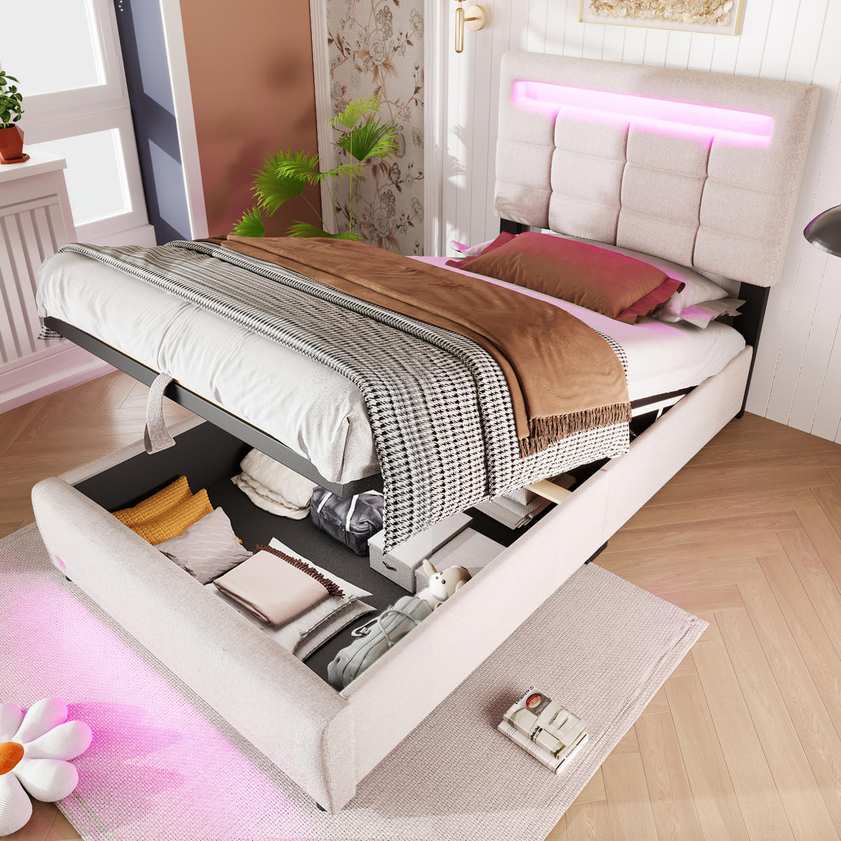 BETT mit Stauraum und LED 90x200 cm Leinen Beige - Beige, Metall (90/200cm) - Meubliv