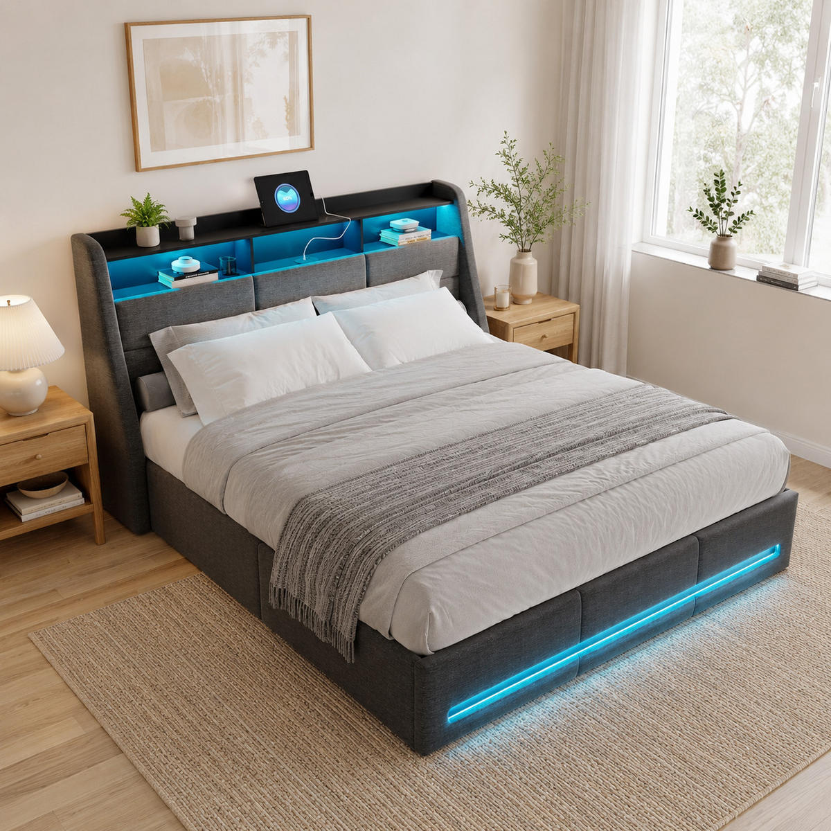 POLSTERBETT 140/200 cm Grau mit Bettkasten, LED, USB-Anschlüssen, Kopfteil-Ablage und Lattenrost - Grau, Holz/Metall (140/200cm) - Joyfair