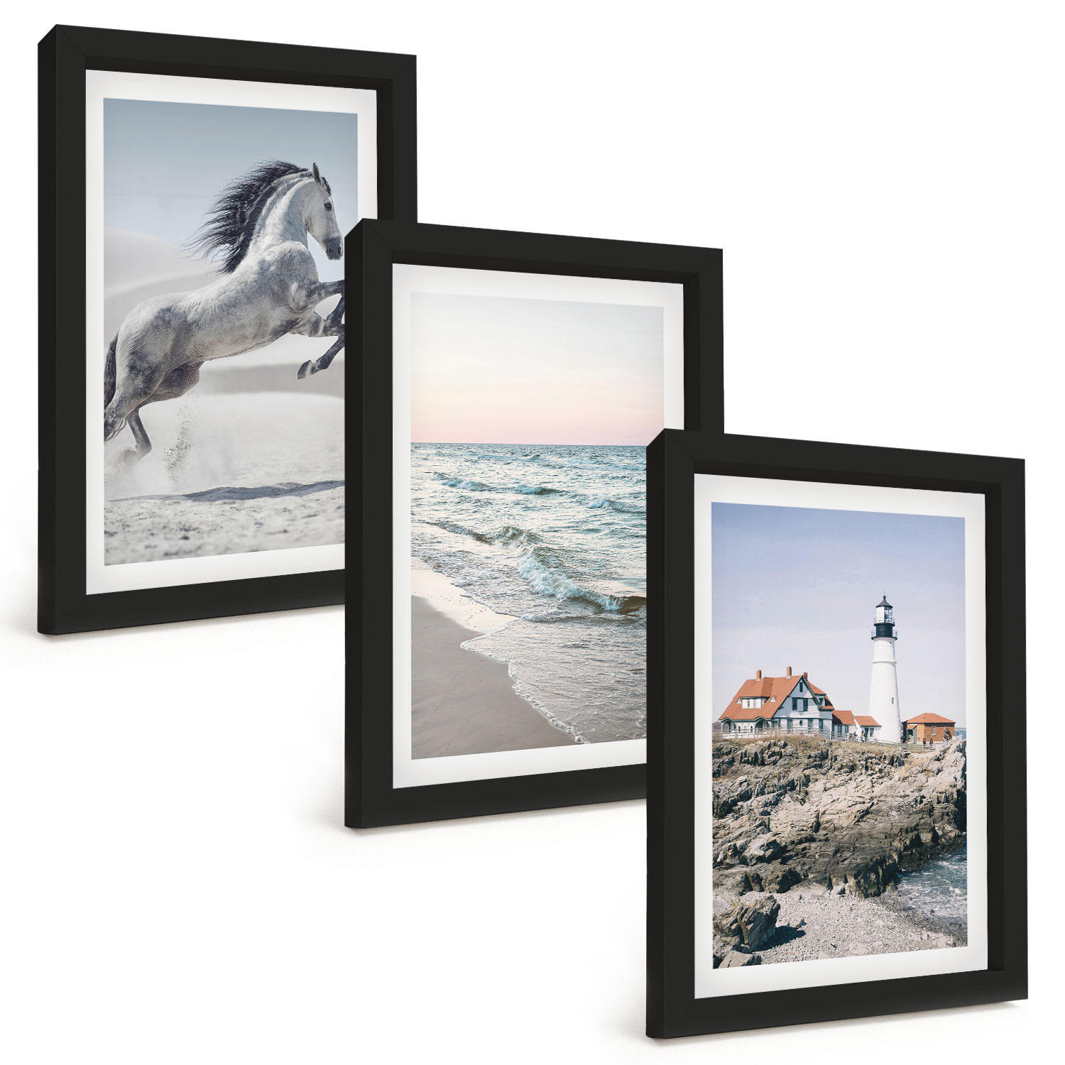 BILDER SET 3er Set - 20x30 cm Schwarzer Rahmen - Pferde, Strand, Leuchtturm, Wellen - Schwarz, Kunststoff (20/30cm) - TULUP
