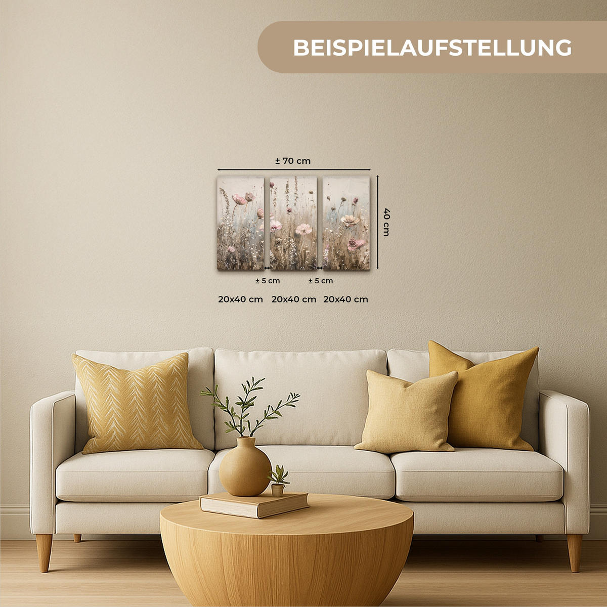LEINWANDBILD 3er Set Blumen - Beige - Modern - Rosa 60x40 cm - Ecru, Textil (60/40cm) - MuchoWow