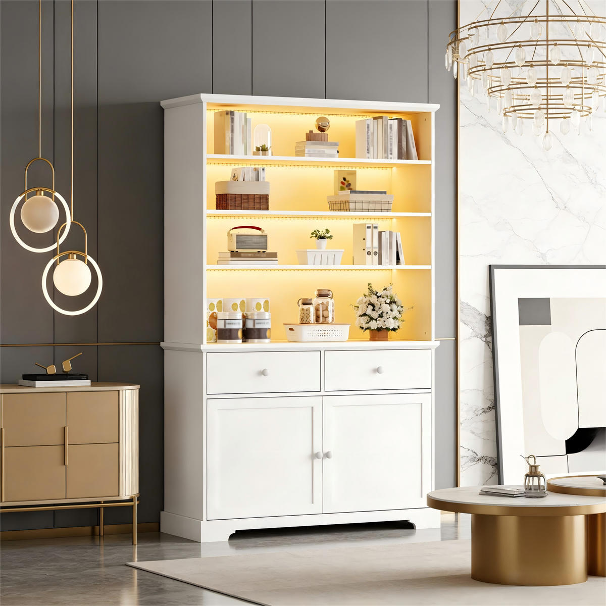 VITRINE LED Glasvitrine 170cm 2 Türen 2 Schubladen Weiß - Weiß, Holzwerkstoff (100/170/38cm) - FLIEKS