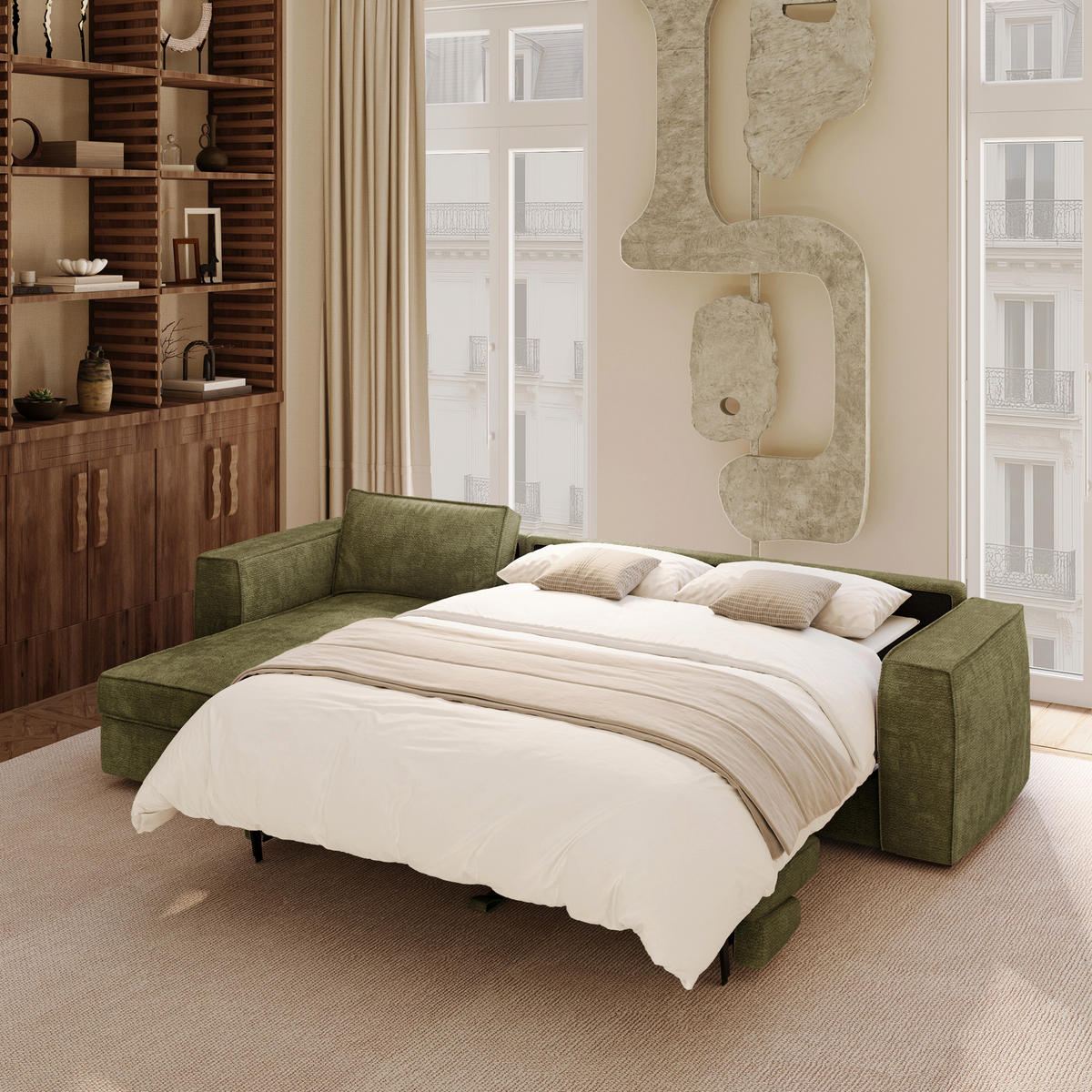 LINKSECK-SCHLAFSOFA MIKA Kettgewebe mit weichem Griff Vintage-Grün 292cm - Dunkelgrün/Grün, Textil (292/100cm) - Premium Interiors