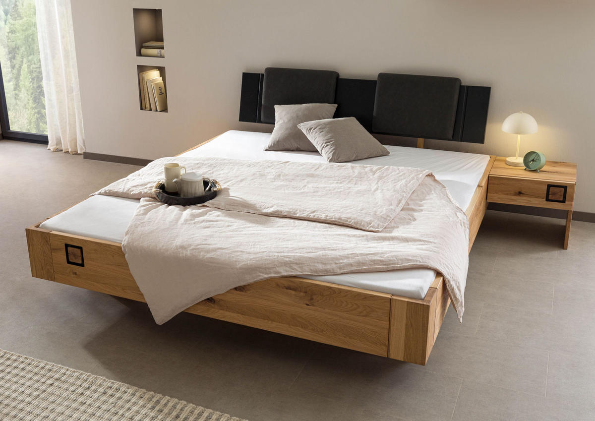 HOLZBETT inkl. Nachttisch rechts und Kopfteilkissen anthrazit Wildeiche 160x200x86 natur geölt/lackiert KITZBÜHEL #161 - Braun, Holz (160/200cm) - Massivmoebel24