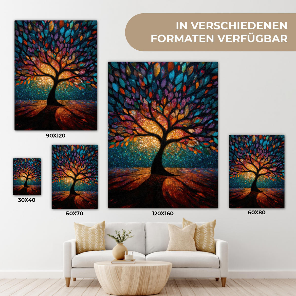 LEINWANDBILD Mosaik - Bunt - Baum - Äste Wandbild Wohnzimmer 60x80 cm - Multicolor, Textil (60/80cm) - MuchoWow