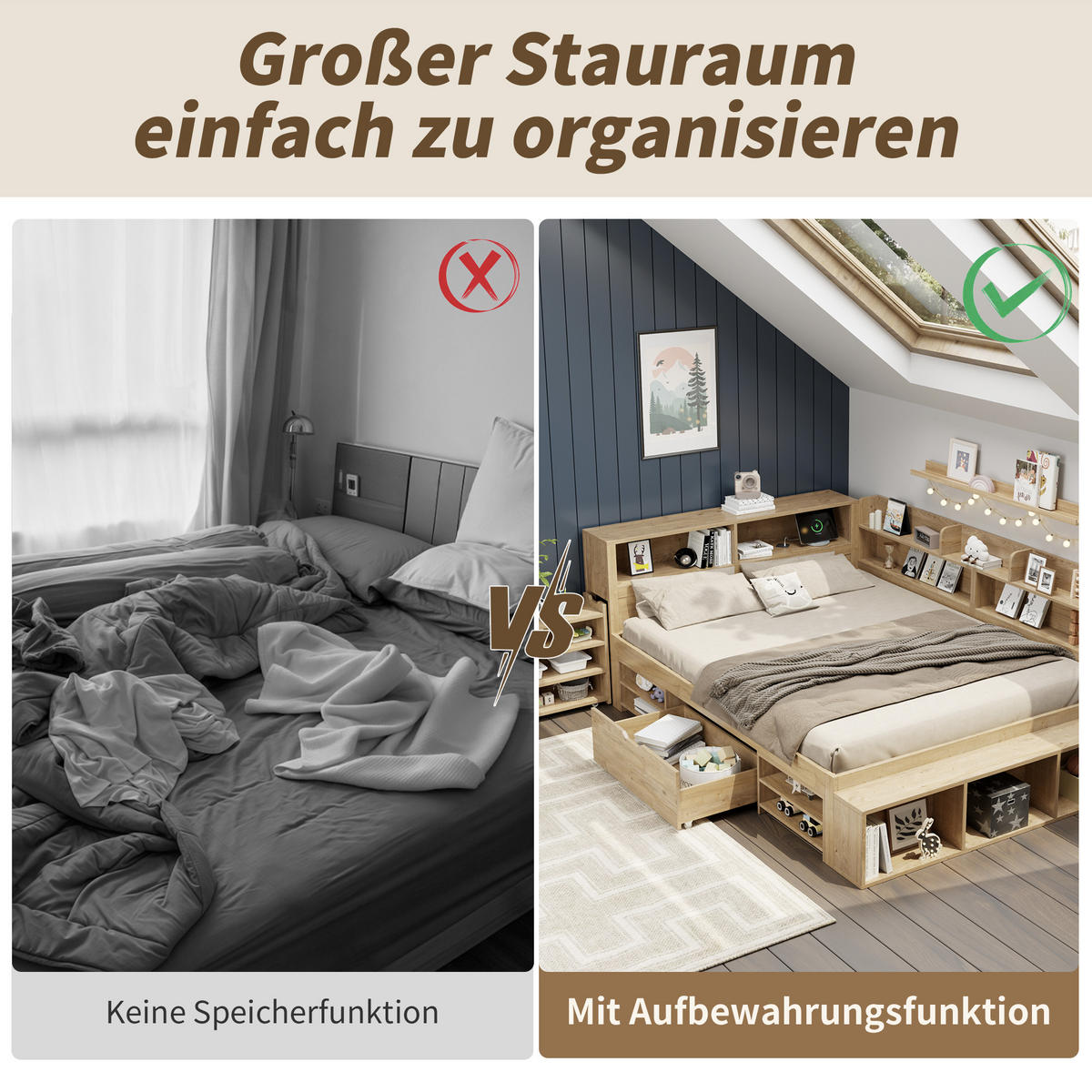 KINDERBETT 140x200 Stauraum Schubladen Regale Natur - Naturfarben, Holzwerkstoff (140/200cm) - FLIEKS