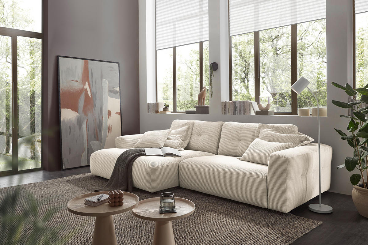 ECKSOFA XL MIKA Cremeweiß Cord - Creme/Schwarz, Kunststoff/Textil (296/167cm) - KAWOLA