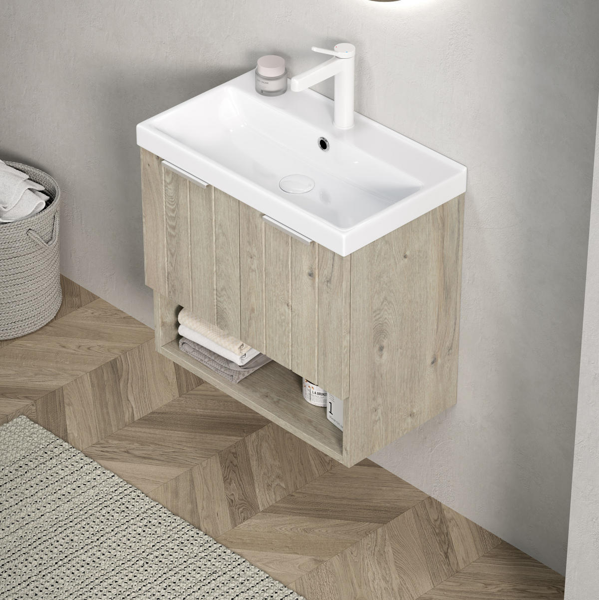KOMPAKTE Waschtischkombi 55 cm in Eiche/Weiß mit Soft-Close und offenem Fach - Creme, Keramik (55/53/32cm) - BEAOK