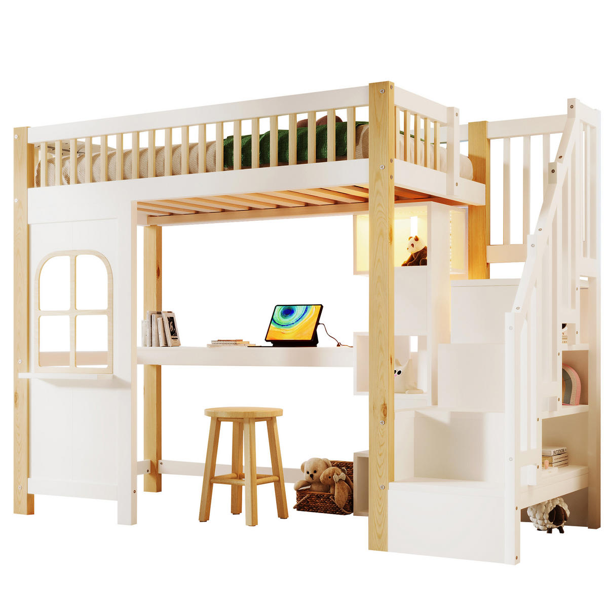 HOCHBETT 90/200 cm aus Kiefernholz mit Schreibtisch und Ablageleiter Weiß/Natur - Weiß, Holz (90/200cm) - Modenvie