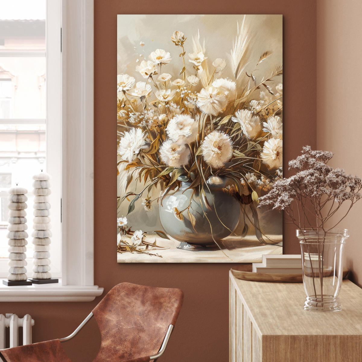 METALLBILD Blumen - Vase - Stilleben - Beige 60x90 cm - Creme, Metall (60/90cm) - MuchoWow