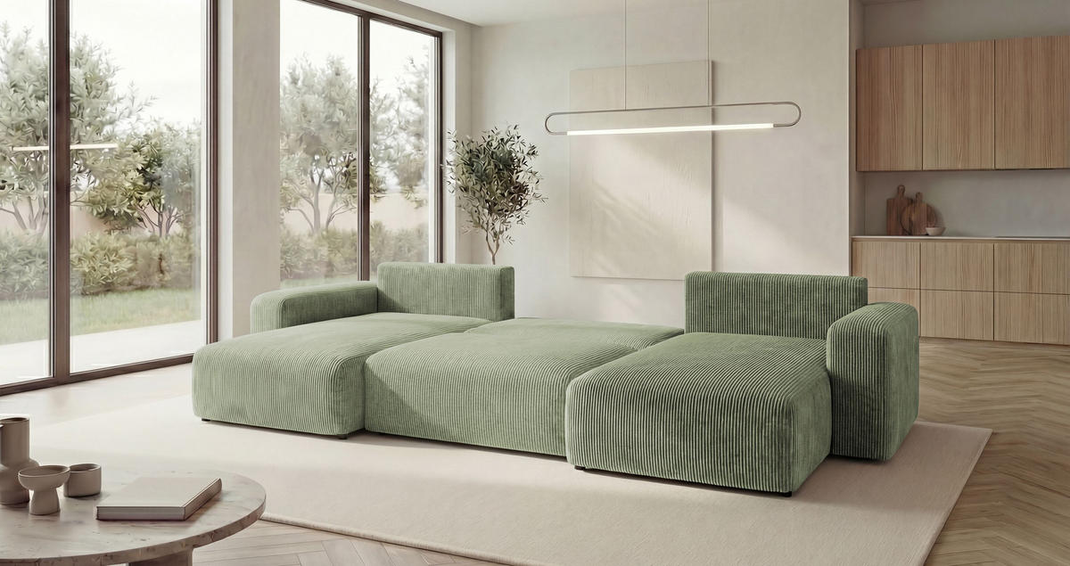WOHNLANDSCHAFT BERLIN U-Form hellgrün Cord Poso 47 - Schlaffunktion, Bettkasten - Hellgrün, Textil (385/86/185cm) - Cornero