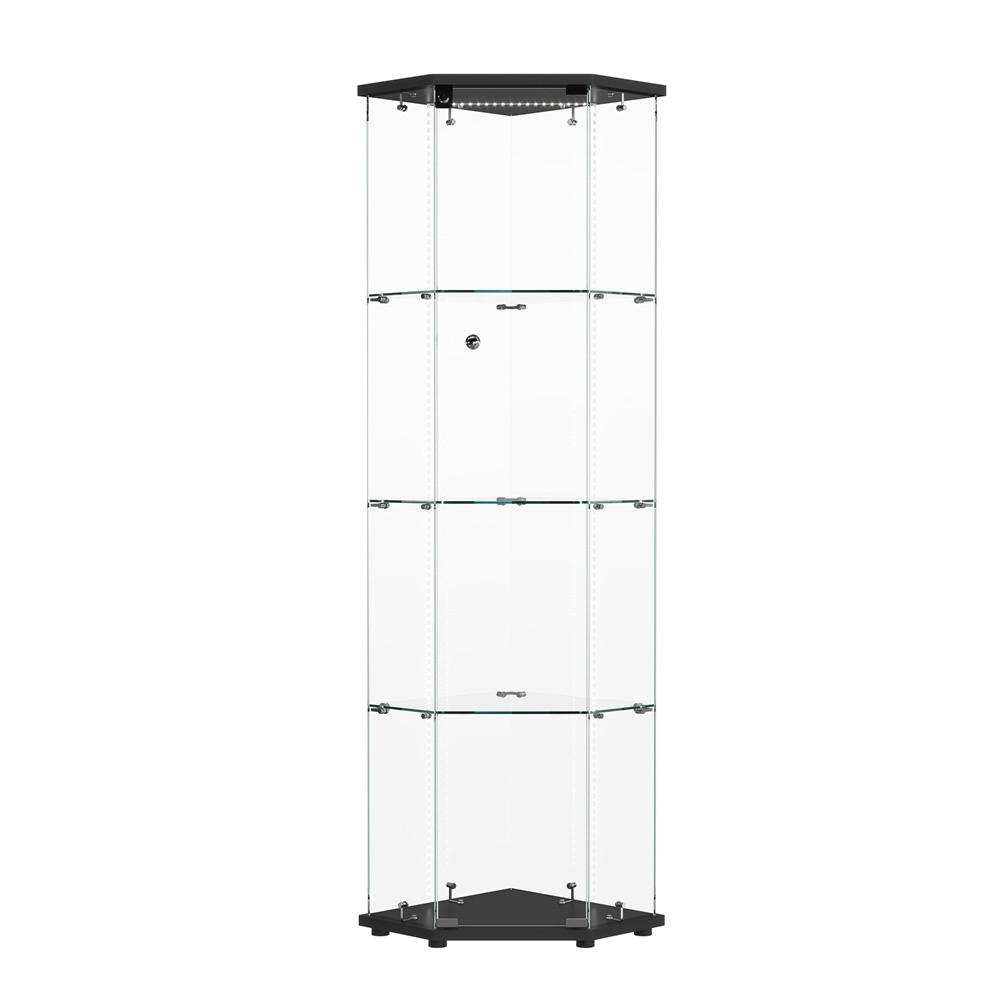 VITRINE mit RGB LED Beleuchtung - Eckvitrine mit 4 Ebenen und 1 Glastür - Glaskvitrine mit Schloss - Schwarz - Schwarz, Glas (60/162/42.5cm) - DELFA