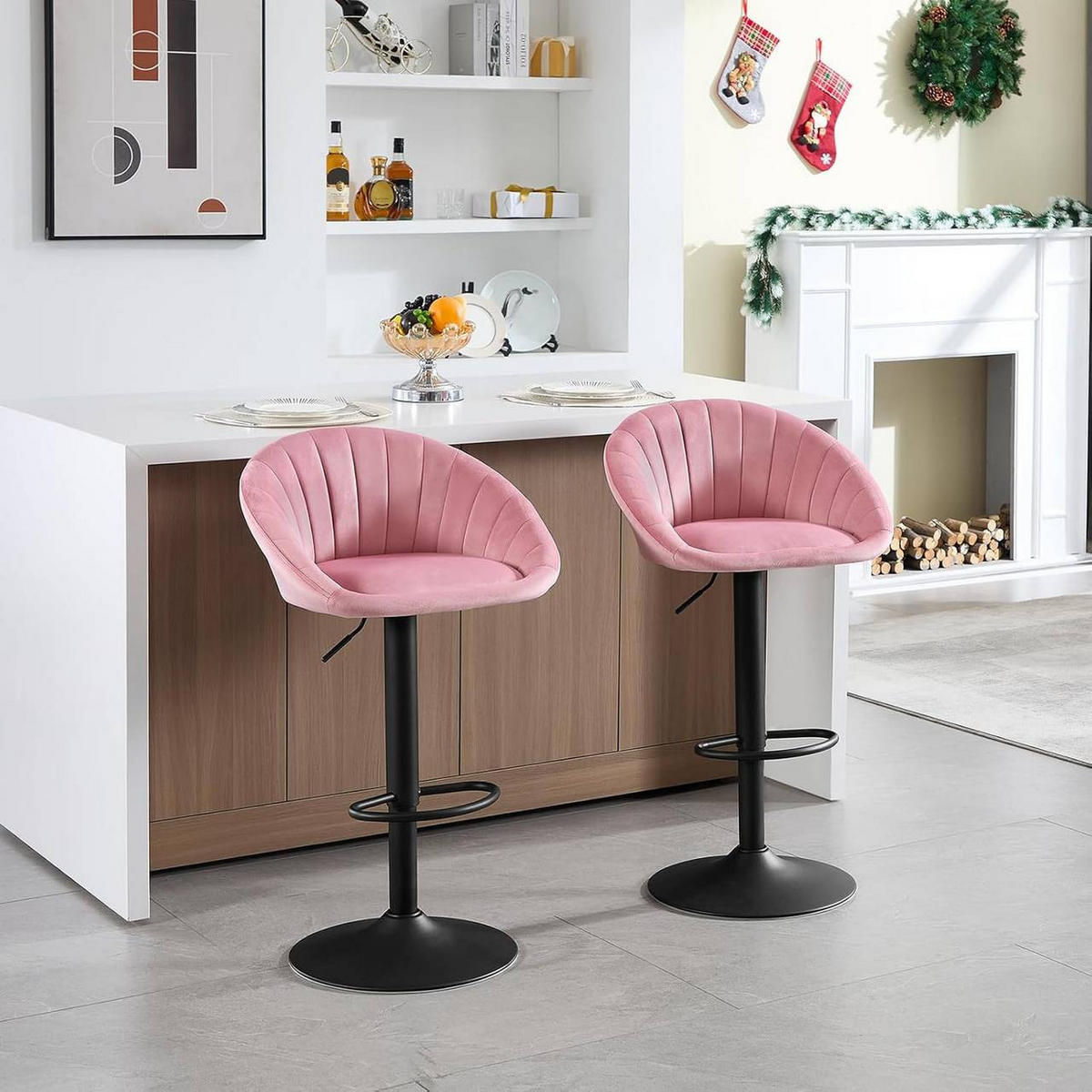 BARHOCKER 4er Set mit Rückenlehne, Samt, Rosa - Schwarz/Rosa, Textil/Metall (53/83/45cm) - Woltu