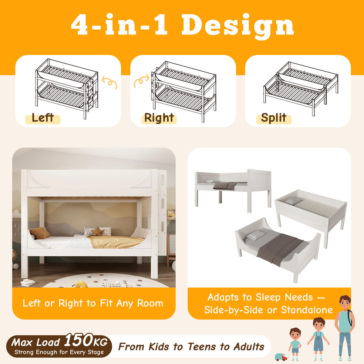 ETAGENBETT trennbar Weiß - Weiß, Holz (90/200cm) - ComfortXL