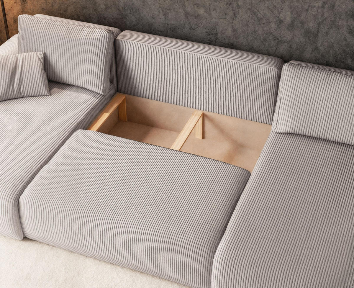 WOHNLANDSCHAFT Pianoni Hellbeige Cordbezug - Ecru/Schwarz, Kunststoff/Textil (312/83/140cm) - Selsey