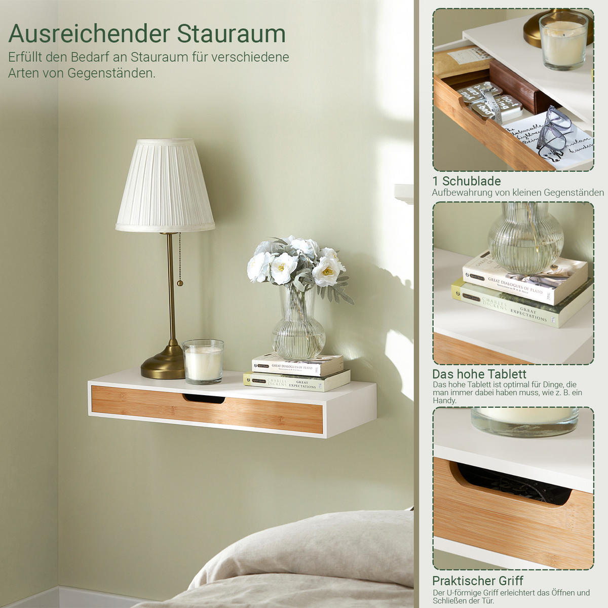 WANDREGAL mit Schublade Bambus Weiß-Natur 60x24x8cm - Weiß/Naturfarben, Holzwerkstoff (60/8/25cm) - SoBuy