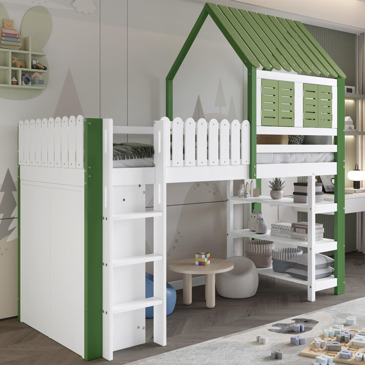 HOCHBETT, KINDERBETT Mit Leiter und Stauraum Grün und Weiß - Weiß/Grün, Holzwerkstoff - Urban Meuble