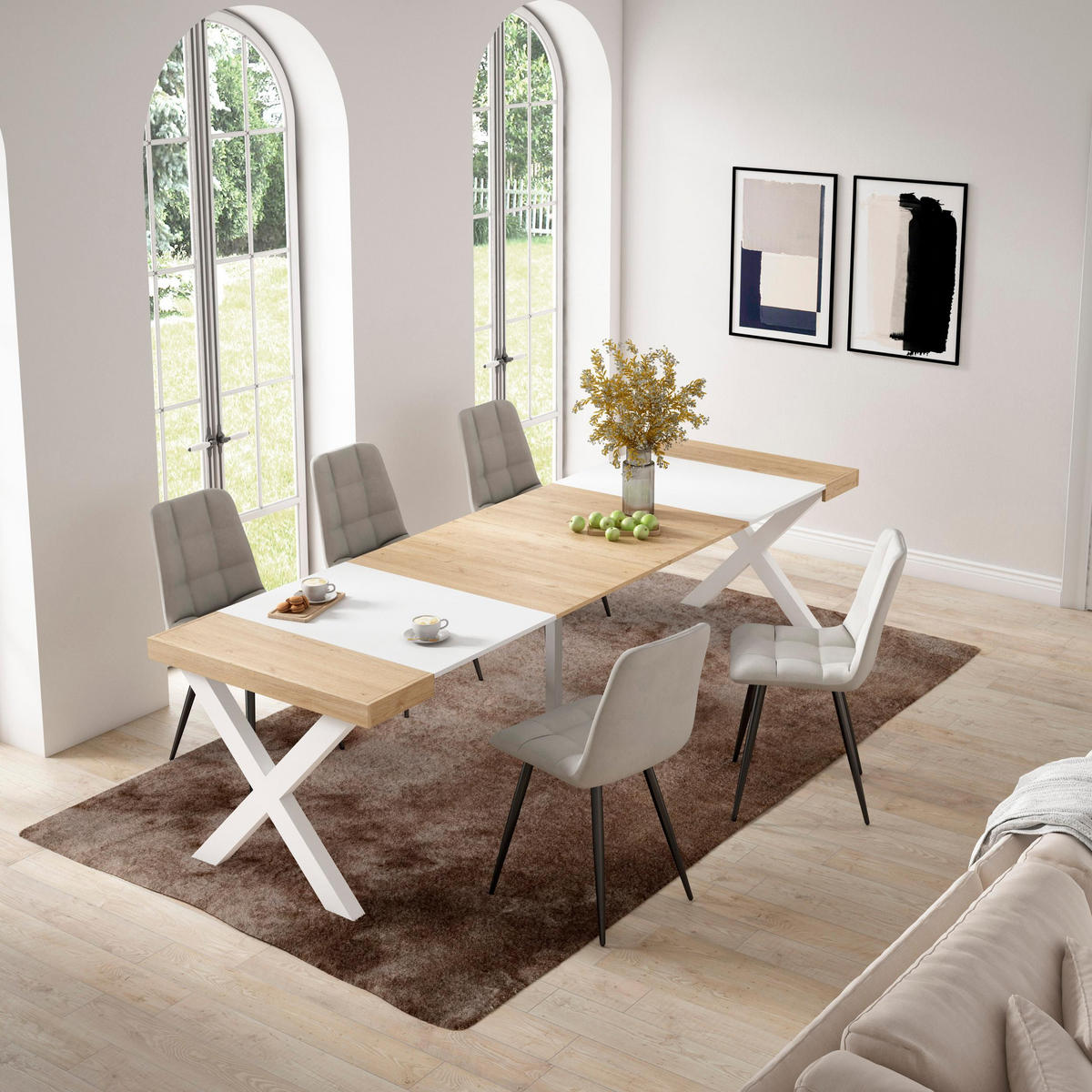 KONSOLENTISCH ausziehbar 58 bis 302cm, für 14 Gäste, eiche weiß, 90/58/73cm - Eichefarben/Weiß, Holzwerkstoff (90/302/73cm) - Skraut Home