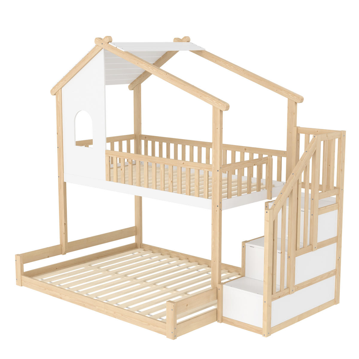 ETAGENBETT 90x200cm + 140x200cm Natur + Weiß Stauraumleiter Fenster - Multicolor, Holz (140/200cm) - FLIEKS