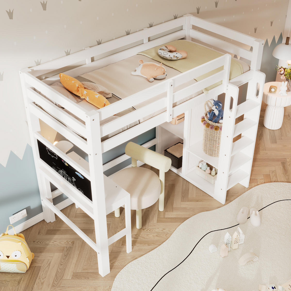 HOCHBETT 90/200 cm in Weiß mit Schreibtisch, Kreidetafel und offenem Kleiderschrank - Weiß, Holzwerkstoff (90/200cm) - Flora Grace