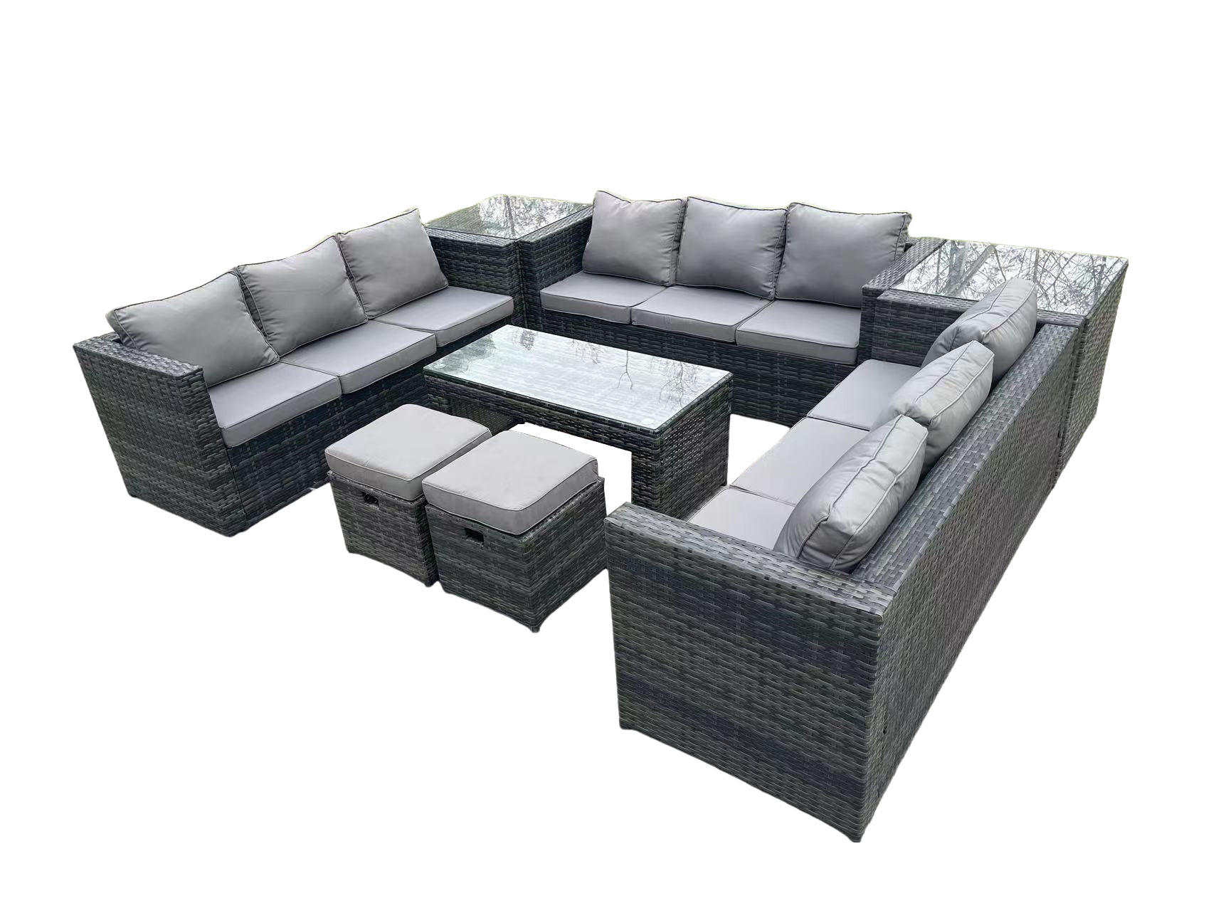 SITZGRUPPE Polyrattan 11-Sitzer - Dunkelgrau/Grau, Glas/Kunststoff - Fimous
