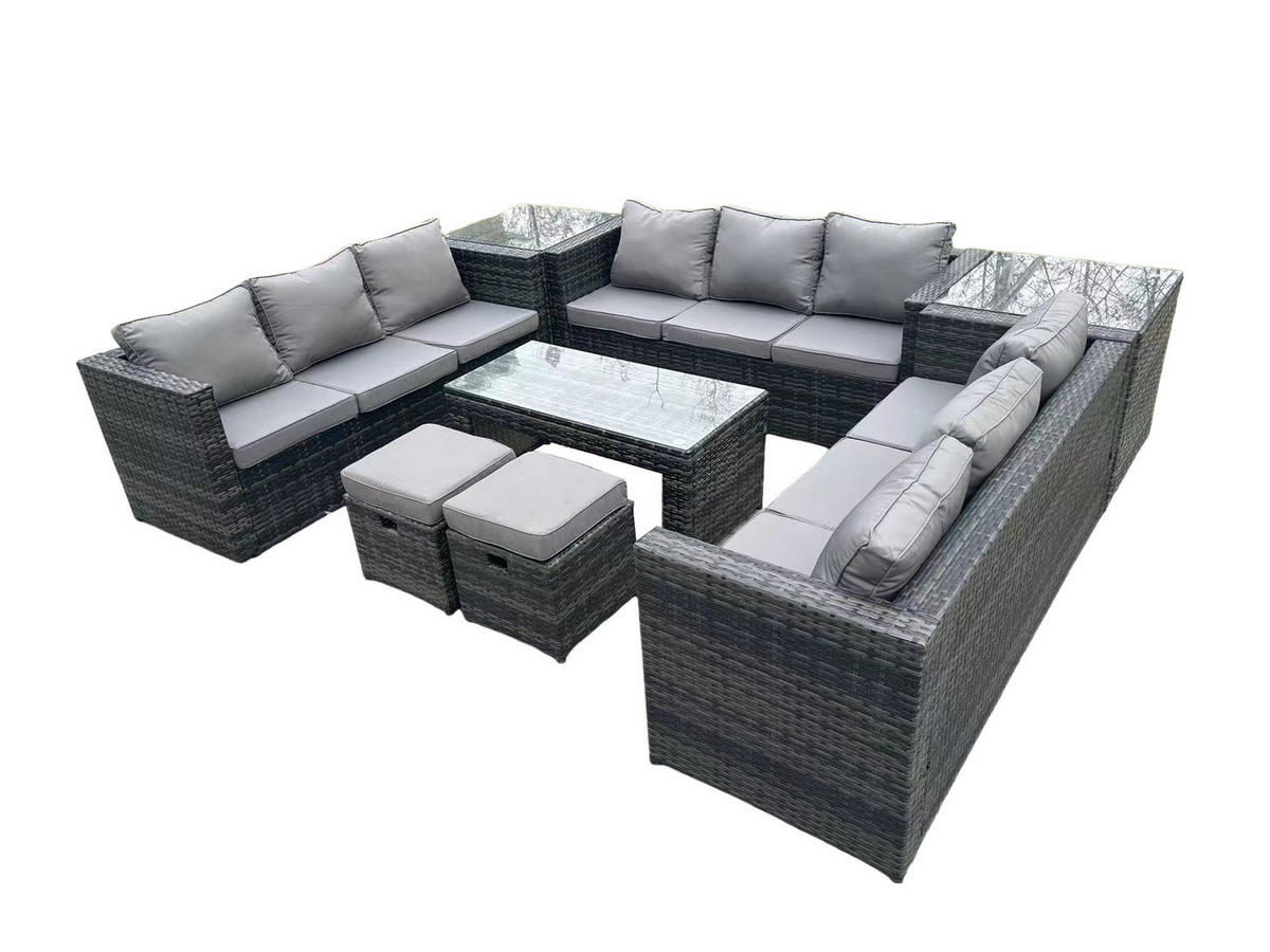 SITZGRUPPE Polyrattan 11-Sitzer - Dunkelgrau/Grau, Glas/Kunststoff - Fimous