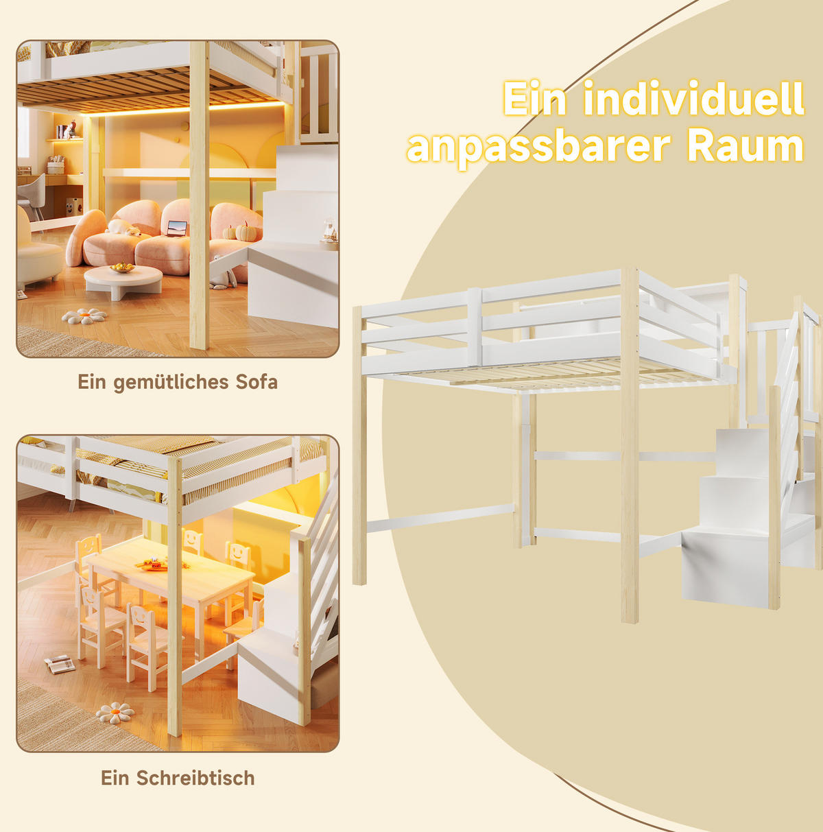 HOCHBETT 140/200 cm Weiß/Natur mit LED und Stauraum ohne Matratze - Weiß, Holz (140/200cm) - MIVRAY