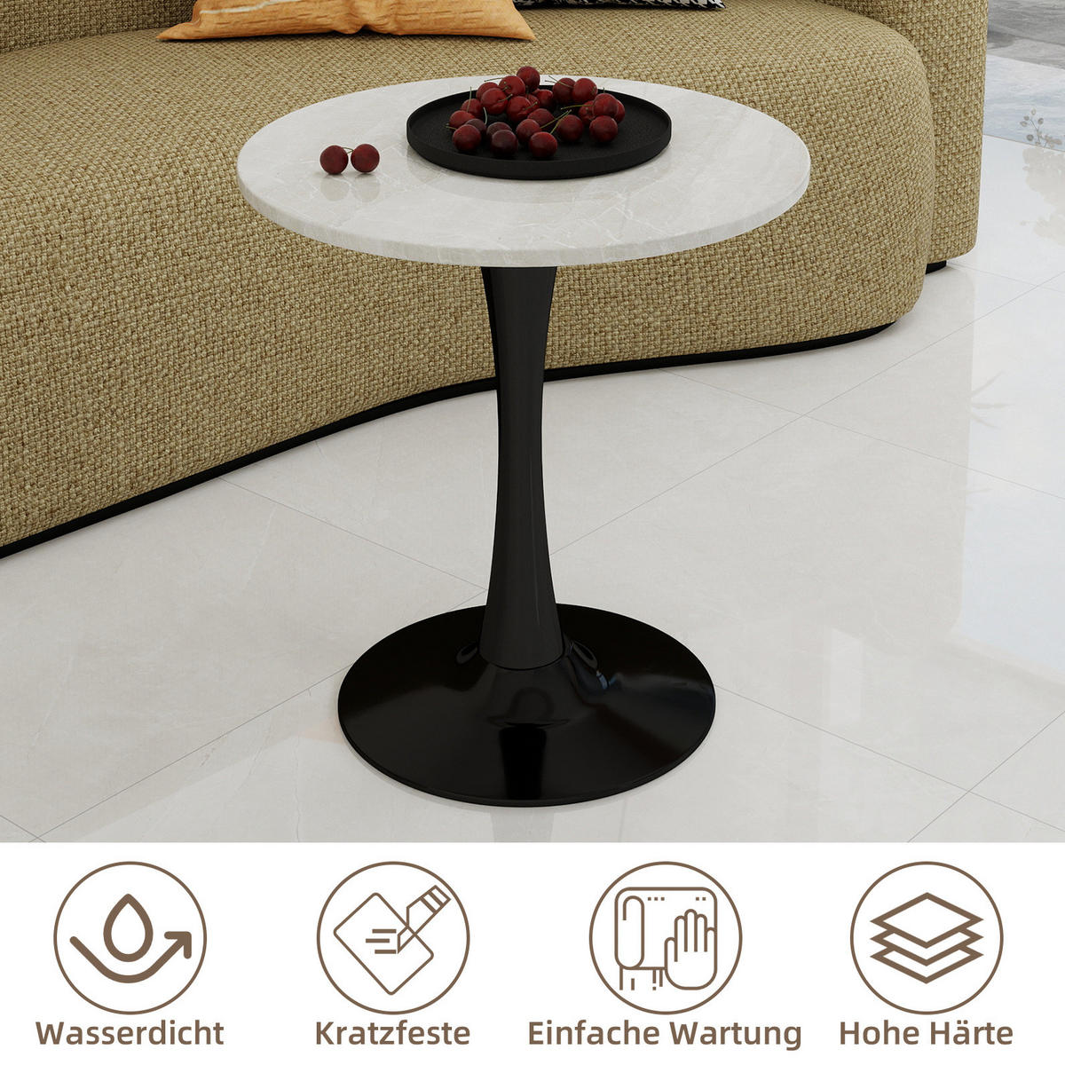 COUCHTISCH 70.1 cm schwarz/weiß aus Kunstmarmor mit runder Tischplatte - Schwarz, Stein (70/70/72cm) - OKMYHOME