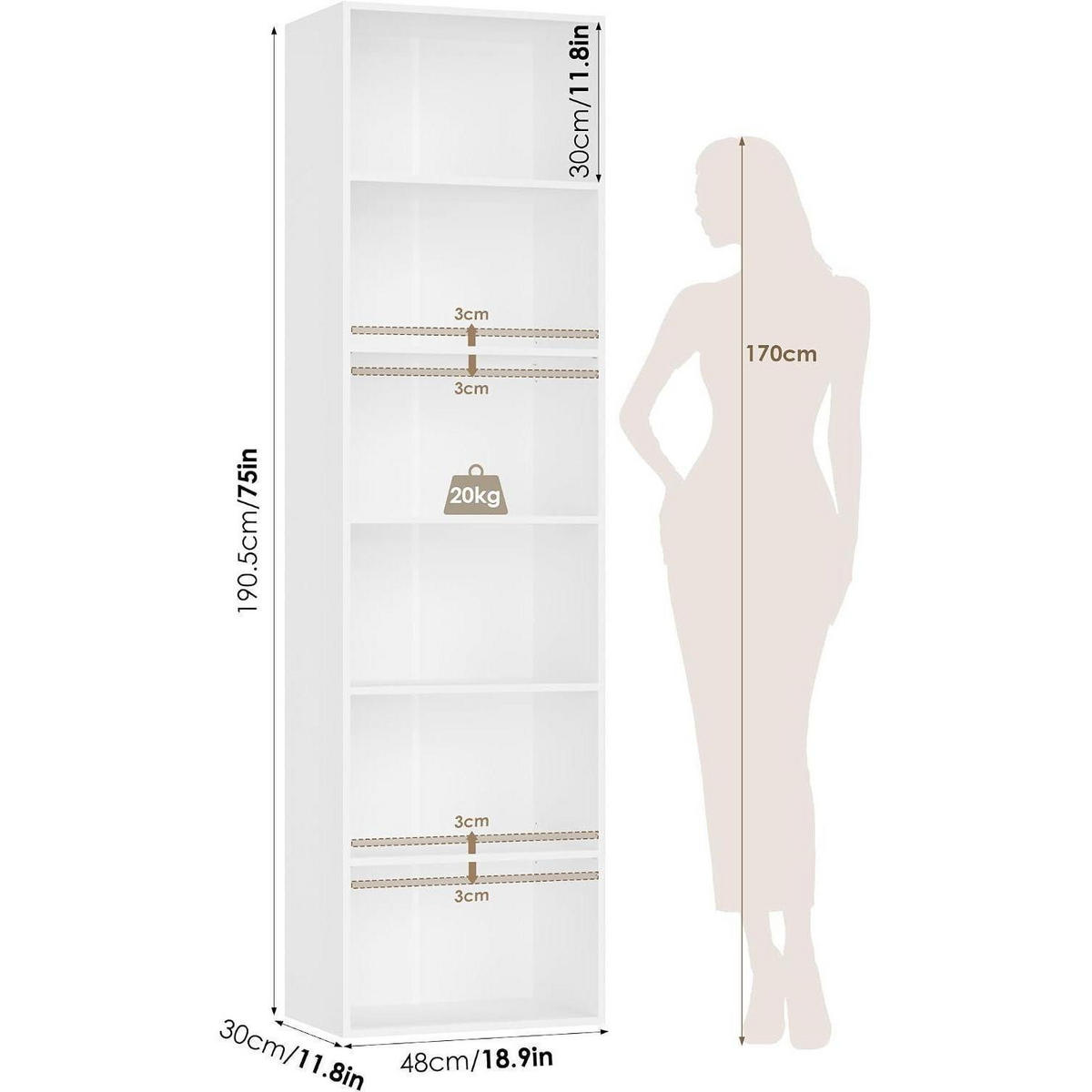 BÜCHERREGAL weiß 6 Fächer 48 x 30 x 190,5 cm - Weiß, Holzwerkstoff (48/190.5/30cm)