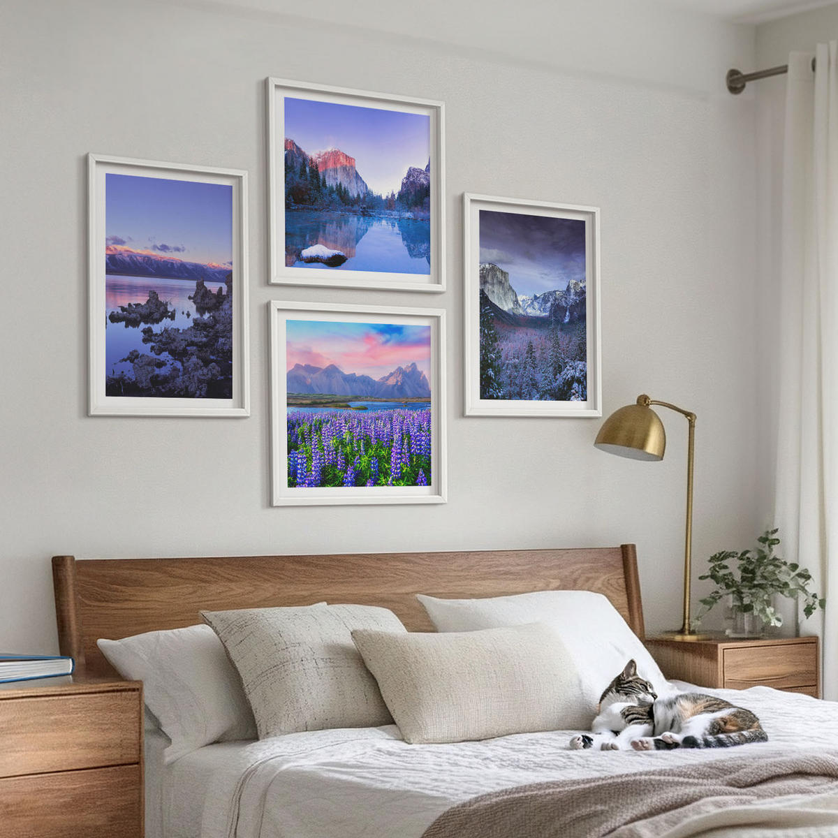 BILDER SET 4er Set - 50x50 cm & 40x60 cm Weißer Rahmen - Berglandschaften, Wasser, Blumenfeld - Weiß, Kunststoff (50/50cm) - TULUP