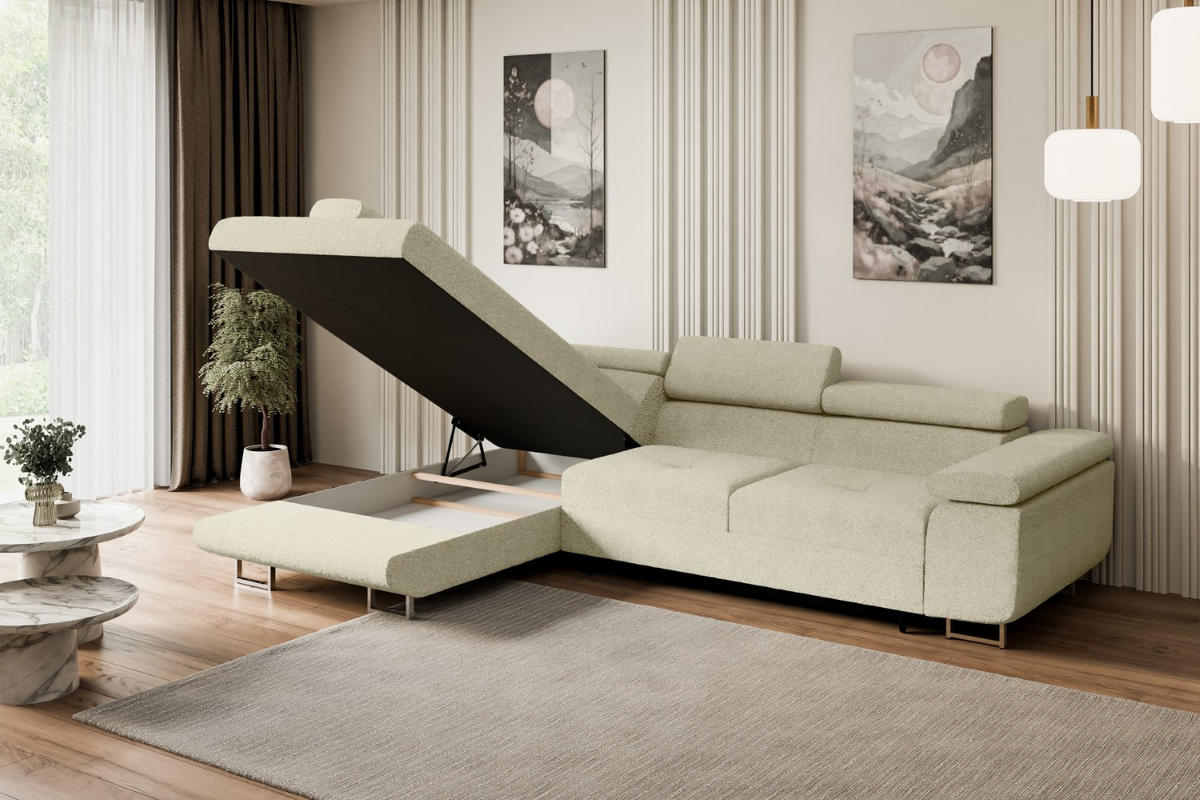 ECKSOFA mit Schlaffunktion und Bettkasten GUSA-L 272x202x107 cm Beige Bouclé - Beige/Silberfarben, Holzwerkstoff/Textil (202/272cm) - ALTDECOR