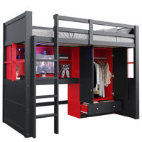 HOCHBETT 90/200 cm aus Holz mit LED-Beleuchtung Steckdosen Schreibtisch und Kleiderschrank Schwarz/Rot - Schwarz, Holz (90/200cm) - Modenvie