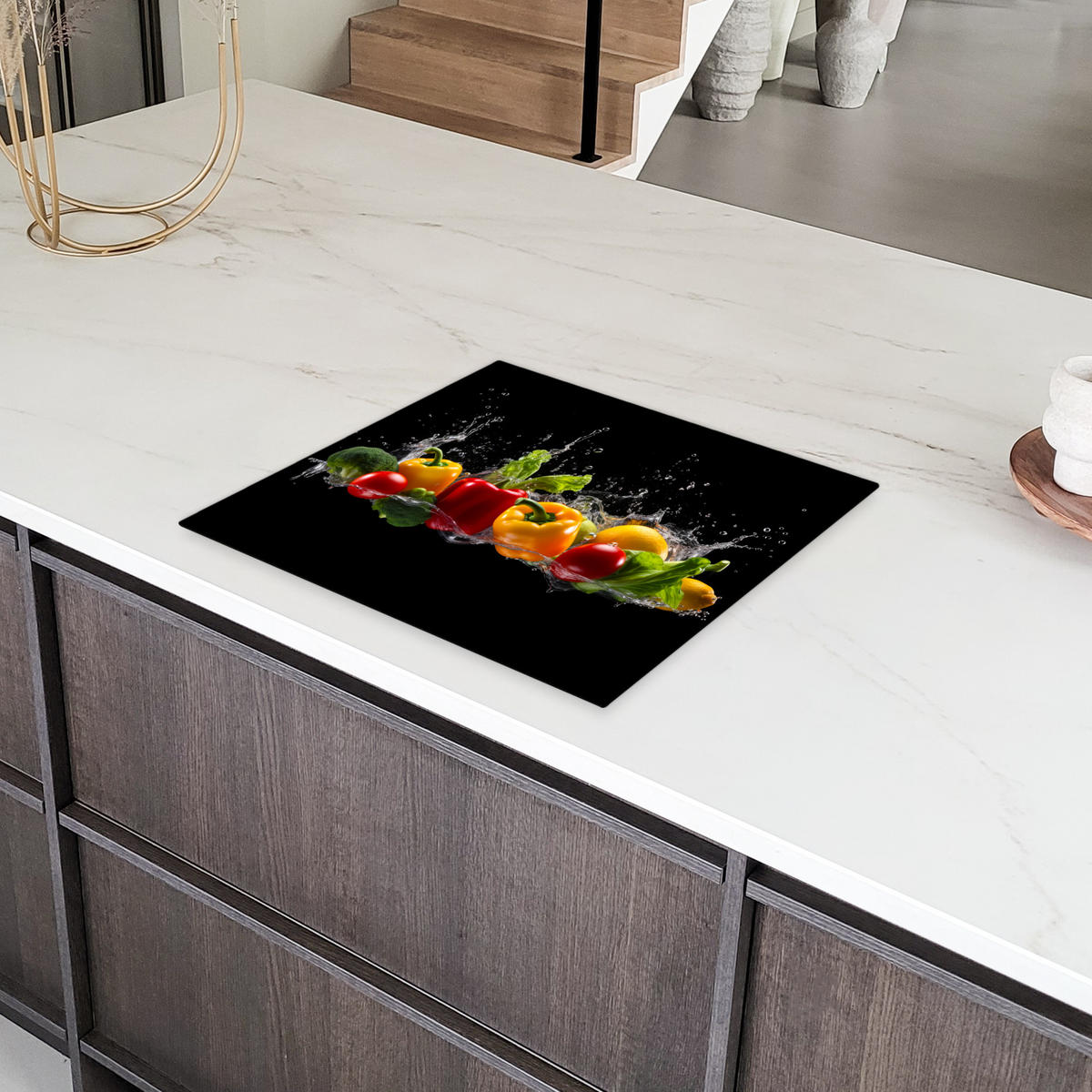 HERDABDECKPLATTE Paprika - Wasser - Gemüse - Schwarz 60x52 cm - Multicolor, Kunststoff (60/0.2/52cm) - MuchoWow