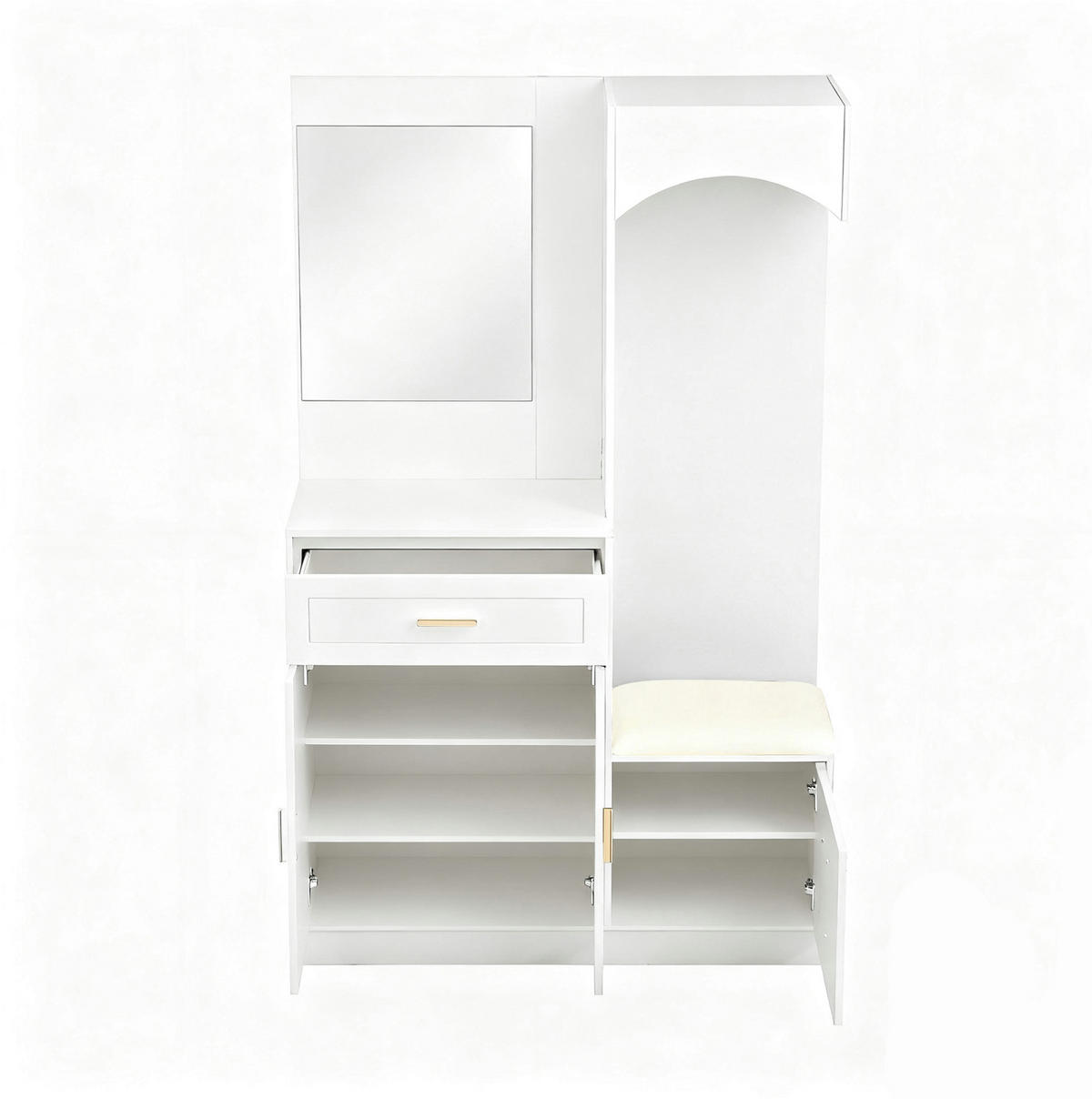 GARDEROBENSCHRANK 110/33/185,5 cm mit Spiegel, Schuhbank und verstellbaren Einlegeböden aus MDF, Weiß - Weiß, Holzwerkstoff (110/185.5/33cm) - Redom