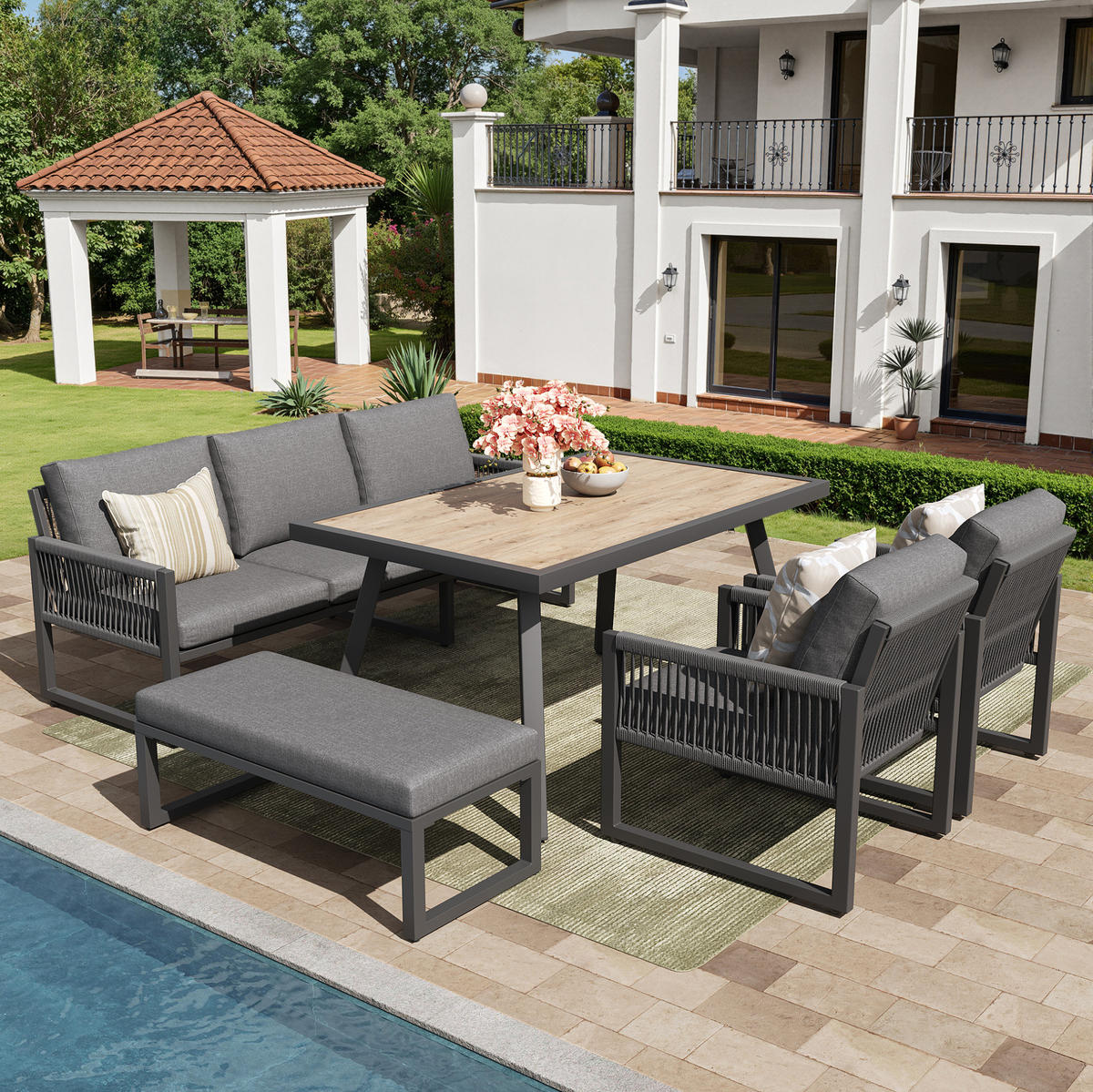 GARTENLOUNGE 184/64/80 cm grau aus Metall, Glas und Polyester mit Tisch und Kissen - Grau, Metall - OKWISH