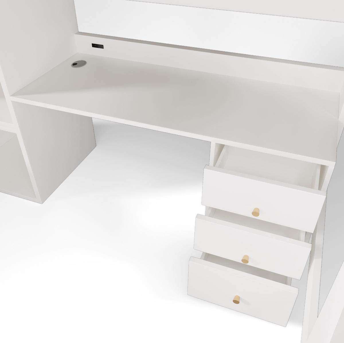 HOCHBETT aus Massivholz, MDF und Spanplatte 90x200 cm Weiß mit Schreibtisch, Stauraum und USB-C - Weiß, Holzwerkstoff (90/200cm) - IVMEU
