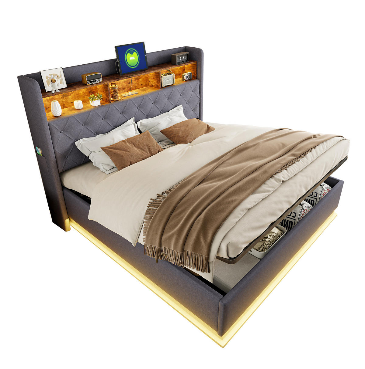 POLSTERBETT mit LED und Stauraum 180x200 cm Grau - Grau, Metall (180/200cm) - Meubliv